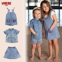 6m-12t 2024 neue Sommer Frühling Denim Familie Kleidung Set Mädchen Hosenträger Kleid Rock Baby ärmellose Stram pler insgesamt Jungen Shirt