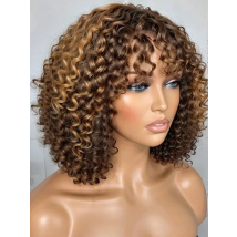 Short Curly Bob Human Hair Wigs With Bangs Full Machine Made Wigs Highlight Honey Blonde Colored Wigs For Women Cheap Remy Hair