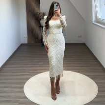 MANRUIXIN Luxus Damen Abendkleider für Hochzeit Lange Ärmel Meerjungfrau Formelles Partykleid Pailletten Spitze Teelanges Ballkleid