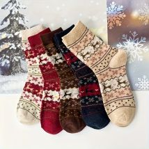 5 Paar süße Damen-Mid-Tube-Socken mit Rentier-Schneeflockenmuster für Weihnachten und Winter, dicke und warme Bodensocken für zu Hause