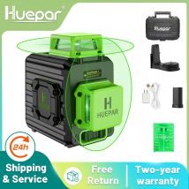 Huepar 2 x 360 Linea trasversale Livello laser autolivellante Batteria agli ioni di litio con raggio verde con porta di ricarica di tipo C e custodia rigida