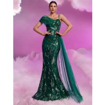 Elegantes One-Shoulder-Kurzarm-Pailletten-Abendkleid für Damen, Meerjungfrau, formell, luxuriös, Party, Streamer, Abschlussball, Cocktailkleid