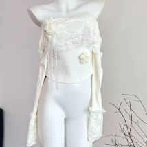 Japanische Süße Elegante Lolita Stil Gestrickte T-Shirts Frauen Vintage Slash Neck Spitze Blume Tees Koreanische Mode Strickwaren Schlank Tops