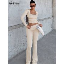 Hugcitar Herbst 2-teiliges Set Solide Langarm Schlank Crop Top Geraffte Breite Bein Hosen Casual Frauen Trainingsanzüge Streetwear Work Out