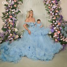 Kanufahren Baby blau Tüll Ballkleid Schatz von der Schulter Mutter und Tochter Party Kleider Prinzessin Fotoshooting Event Kleider