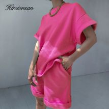 Hirsionsan Sommer Baumwolle Sets Frauen Casual Zwei Stücke Kurzarm T Shirts und Hohe Taille Kurzen Hosen Solide Outfits Trainingsanzug