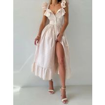 Rüschenkleid für Damen, modisch, rückenfrei, A-Linie, schlanke Taille, gestreift, Robe, weiblich, fliegende Ärmel, Knöpfe, 2025, Sommer, elegante Streetwear