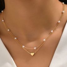 LATS Einfache Perle Choker Halsketten für Frauen Mode Doppel Schicht Kette Kleine Liebe Herz Anhänger Halskette Schmuck Geschenk Großhandel