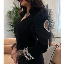 Aenyrst Elegante schwarze Ballkleider mit V-Ausschnitt, Perlen, Rüschen, Tüll, Dekoration, Party-Abendkleid, knöchellang, besondere formelle Kleider