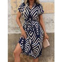 2024 Summer New Fashion Clothing Women's Elegant And Casual V-neck Short Sleeved Stripe Belt Comfortable Dress
