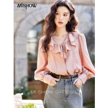 MISHOW Hemd mit Lotusblatt-Kragen, Blasenärmel, rosa Hemd für Damen, Frühling 2025, süßes Chiffon-Top, Temperament-Hemden MXE12X1702