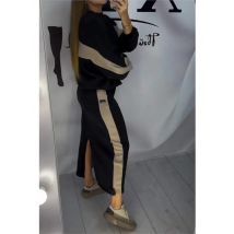 Fashion Long-sleeved O-neck Top + Skirt 2-piece Set Women Autumn Color Matching Loose Casual Sweatshirt Slit Skirt Suit Female