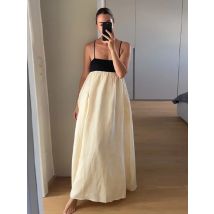 Kontrast Spleißen lose Schlinge lange Kleider Frauen quadratischen Kragen ärmellose rücken freie hohe Taille Kleid 2024 Sommer Dame Straße Robe