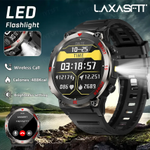 LAXASFIT Herren-Smartwatch für den Außenbereich, extrem lange Lebensdauer, Taschenlampe, Bluetooth, Sprechen, AMOLED-Bildschirm, robuste Sport- und Fitness-Smartwatch
