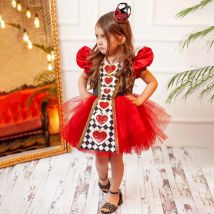 Red Queen of Hearts Girl Costume Alice in Wonderland Fancy Party Dress Halloween Lace Birthday Christmas Prom Gown Kids Clothes