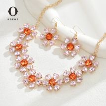 Obega 2 pcs elegante Blumen form Anhänger Choker Halskette Haken Ohrringe glänzend orange Kristalls tein exquisite Gold Farb kette