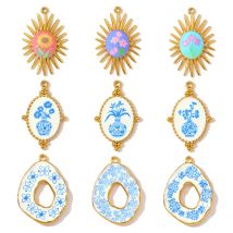 3 teile/los Retro Edelstahl UV Emaille Blau und Weiß Porzellan Halskette Anhänger Sonne Blume DIY Ohrring Charme Frauen Schmuck