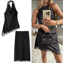 Lace Satin Midi Skirts Two Piece Sets For Women 2025 New Lace Halter Top Suits Elegant Summer Woman 2 Piece Outfits