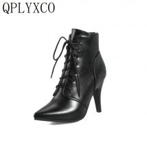QPLYXCO Super große Größe 53 54, Stiefeletten für Damen, Frühling, Herbst, Winter, spitze Zehen, High Heels, Schnürung, Party, Hochzeit, Bootie, A-1