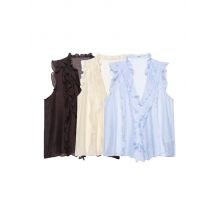 Damen-Bluse mit V-Ausschnitt, ärmellos, Knopfleiste und Rüschen, halbtransparentes modisches Oberteil für Damen