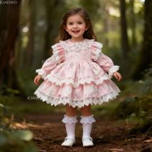 Pink Children Girls Long Sleeve Lolita Dress Princess Party Gown Baby Toddler Kids Elegant Ball Dresses Autumn Winter Costume