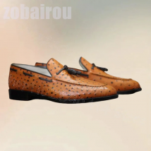 Brauner Straußendruck, gestricktes Design, Quasten, Loafer, modische Slip-on-Herrenschuhe, luxuriöse handgefertigte Party-Fest-Büro-Herren-Kleiderschuhe