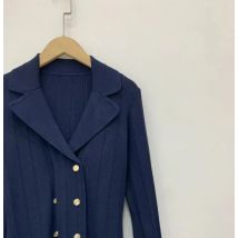 Langärmliges Damen-Strickkleid mit Kragen, schmal geschnittenes dunkelblaues, elegantes Midikleid