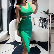 YuooMuoo Chic Mode Sexy Wrap Hüften Split Gestrickte Sommer Kleid Frauen Cut Out Taille Bodycon Langes Kleid Streetwear Outfit Vestido