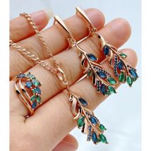 Kinel Hot Luxury 585 Rose Gold Color Ring Earrings Necklace For Women Blue Green Natural Zircon Mix Vintage Party Daily Jewelry