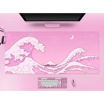 Kawaii Schreibtischunterlage Pink Wave Cute Pastel Anime Aesthetics Mond und Ozean Mauspad XXL Japanisches Gaming Mousepad Gamer 900x400