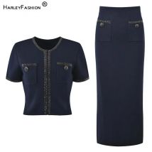 Feine Verarbeitung Heißer Bohren Dame Solide Anzug Oansatz Kurzarm einreiher Strickjacke Langen Rock Frauen Solide Stricken 2Pcs
