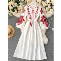 Frühling Herbst Frauen Kleider Böhmischen Gestickte Blume Oansatz Laterne Hülse Hohe Taille Kleid Alle-spiel Weibliche Vestidos PL393