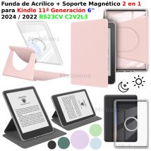 Para Kindle 11.a generación Funda 6'' 360 °   Funda acrílica desmontable magnética giratoria 2 en 1, soporte de cuero PU RS23CV C2V2L3, Funda para dormir