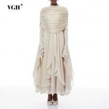 VGH Elegant Luxurious Cream Wedding Guest Dress for Women High Neck Draped Shoulder Flowy Ruffled Hem Midi Formal Evening Gown