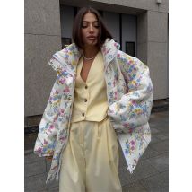 Bornladies Neue Damen-Pufferjacke, Stehkragen, Reißverschluss, Blumendruck, warmer, mit Baumwolle gefüllter Mantel, übergroß, Herbst und Winter