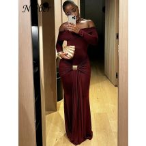 Nibber Elegantes Partykleid, gerüscht, Metallschnalle, Band, Slash-Ausschnitt, volle Ärmel, dünn, Stretch, Geburtstagsfeier, schmal, lang, figurbetont