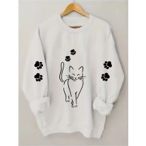 Kawaii Katze Muster Druck Sweatshirt Frauen Fleece Langarm Sportswears Mode Warme Grundlegende Trainingsanzug Vintage Rundhals Top