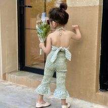 2 Stück Kinder entzückendes kariertes rücken freies Kinder set für Mädchen mit elastischem Riemen oberteil und Schlag hose 2-7 Jahre