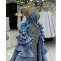 2026 Dubai Blue Two Pieces Evening Dresses Sparkle Crystals Beaded Sequins Formal Overskirt Wedding Events Party Gown Customized