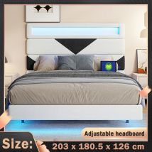Creahappy Letto matrimoniale imbottito morbido - Motivo triangolare 160x200 cm - Testiera regolabile con ricarica USB e striscia luminosa a LED