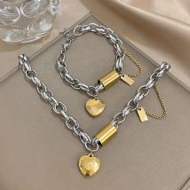 Greatera Klasyczny dwukolorowy naszyjnik z bransoletką Połączenie uroku Łańcuszek w kształcie serca ze stali nierdzewnej Osobowość Biżuteria damska Prezent