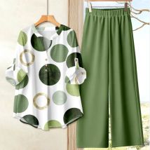 2025 Autumn Casual Women's Suit Fashionable Printed Long-sleeved Loose Top Paired With Solid Color Wide-leg Pants Two-piece Set