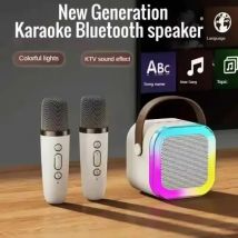 Portable Bluetooth K12 Karaoke Machine with 5.3 PA Speaker System and Wireless Microphones for Family Singing Fun