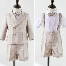 Khaki Plaid Kleidung Set für Kid Boy Blazer Shorts mit Trägern Fliege Baby Kinder Anzug Geburtstags feier Kleid Frühling Neuankömmling