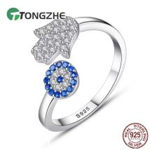 TONGZHE 925 Sterling Silber Evil Eye Ring Blue Eye Hamsa Hand Fatima Einstellbare Weibliche Ringe Offenen Ring Frauen Hochzeit Schmuck