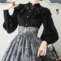 Gothic Y2k Lolita Stil Shirts Frauen Vintage Langarm Prinzessin Blusen Mädchen Viktorianischen Süße Spitze Rüschen Tops Blusas Mujer