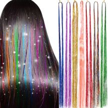 Kunsthaar-Lametta-Set, 58,9 cm, bunte Feen-Lametta-Haarverlängerungen, hitzebeständig, mit glänzendem Haar-Accessoire für Frauen