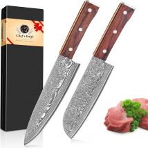 Set di coltelli damasco Coltello da chef e coltello Santoku Coltello professionale Coltello da cucina per tagliare la carne Vg-10 Manico in legno in acciaio