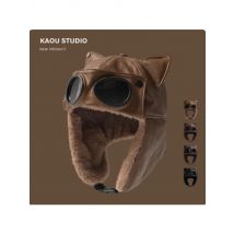 Niche PU Leather Cat Ear Sunglasses Flying Bomber Hats for Men and Women Outdoor Winter Fleece Windproof Riding Lei Feng Hat