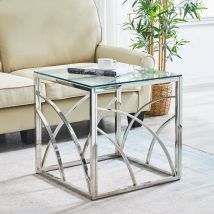 JYMTOM Beistelltisch aus Glas und Edelstahl, Moderner Glastisch für Wohnzimmer, Schlafzimmer und Küche, Couchtisch / Beistellt